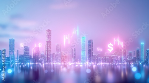 A futuristic city skyline illuminated with digital stock market trends, showcasing innovation and economic growth.