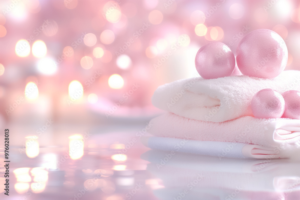 Soft towels are neatly stacked, topped with delicate pink pebbles, creating a calming spa atmosphere, enhanced by warm, glowing candlelight Soft towels are neatly stacked, topped with delicate pink pebbles, creating a calming spa atmosphere, enhanced by warm, glowing candlelight