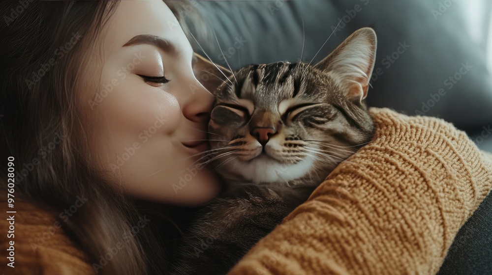 A young woman with long brown hair kisses her tabby cat on the head while cuddling on a couch. A young woman with long brown hair kisses her tabby cat on the head while cuddling on a couch.