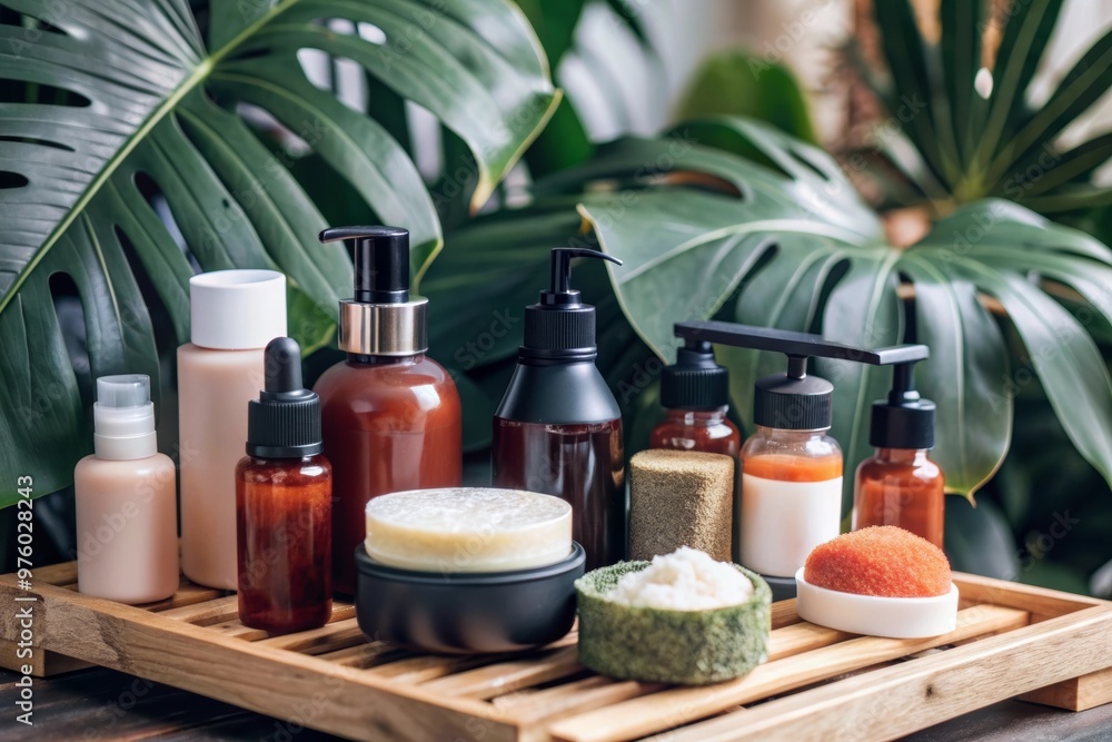 Elegant Skincare Products on Rustic Shelf with Tropical Greenery Background Elegant Skincare Products on Rustic Shelf with Tropical Greenery Background