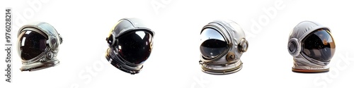 Set of astronaut helmet, isolated on transparent background, spheroidal dome helmet