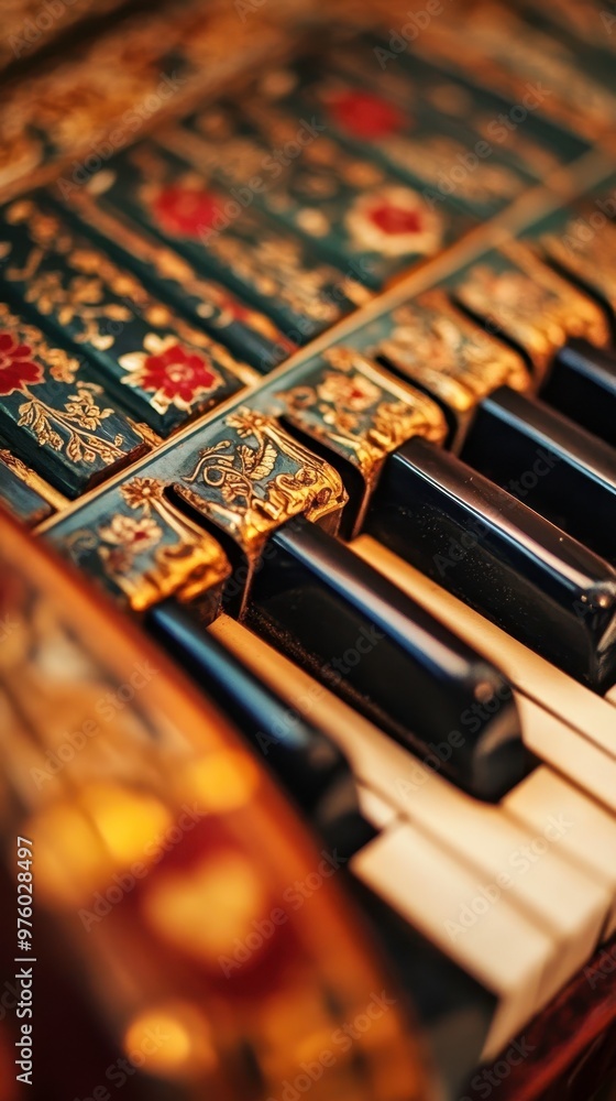Close-up View of an Ornate Accordion Showing Detailed Keys and Beautiful Decorations Close-up View of an Ornate Accordion Showing Detailed Keys and Beautiful Decorations