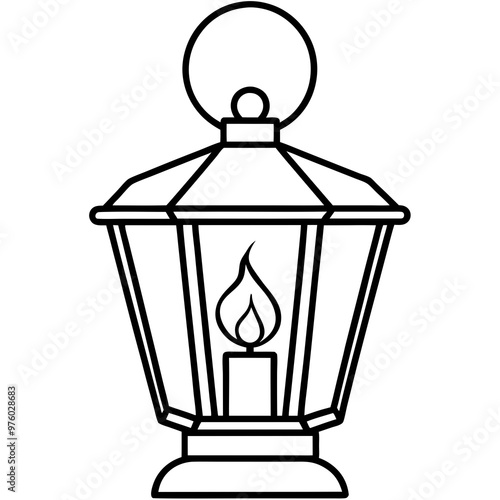 A vintage lantern with a lit candle inside, design with thin, intricate lines vector