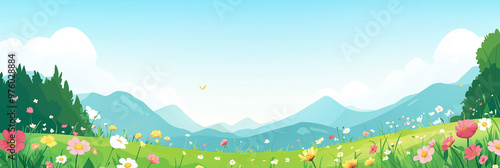 Banner of Cute cartoon vector illustration ,flat cartoon of :  flowers field Panoramic kids meadow with wildflowers of mountains, bright blue sky and clouds. Cheerful nature landscape with copy space.