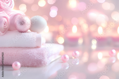 A collection of soft, pink towels neatly stacked alongside delicate roses and festive ornaments, enhancing the calm ambiance with warm candlelight in the background