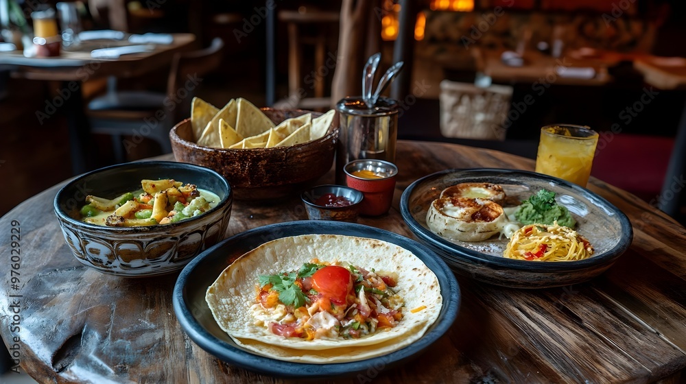 Delicious Mexican meal featuring tacos, guacamole, and tortilla chips on a rustic wooden table. Delicious Mexican meal featuring tacos, guacamole, and tortilla chips on a rustic wooden table.