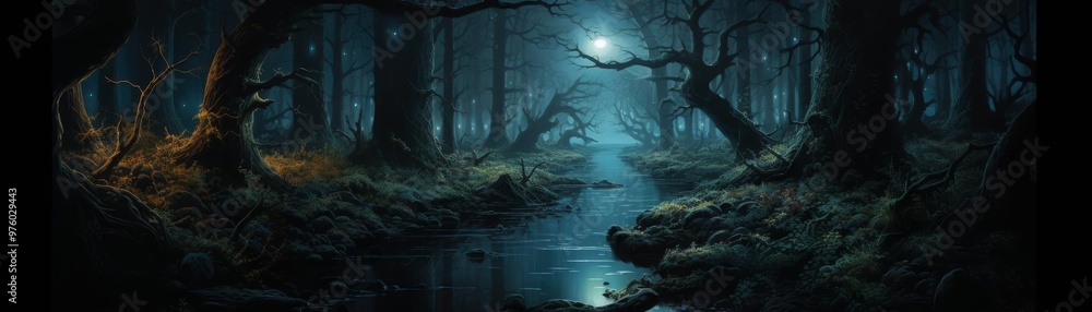 A haunting illustration of a moonlit path leading through a dense forest A haunting illustration of a moonlit path leading through a dense forest