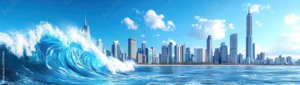 A stunning city skyline viewed from the ocean, showcasing waves, modern architecture, and a vibrant blue sky. A stunning city skyline viewed from the ocean, showcasing waves, modern architecture, and a vibrant blue sky.