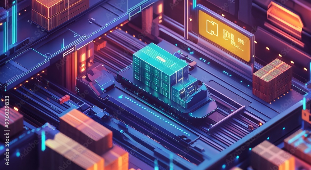Digital illustration of an advanced technology hub with smart packaging and microchips Digital illustration of an advanced technology hub with smart packaging and microchips