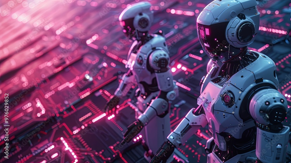 Two Futuristic Robots Standing on a Circuit Board Surface Two Futuristic Robots Standing on a Circuit Board Surface