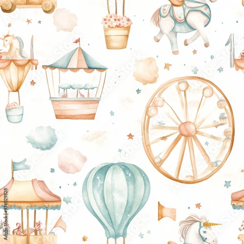 Seamless pattern of vintage carousel horses and hot air balloons in pastel colors
