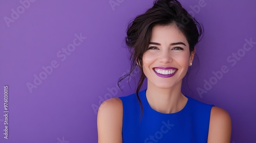 Beautiful smiling woman with purple lipstick and blue dress against a purple background.