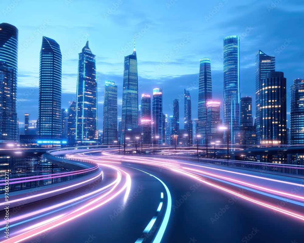 Obraz premium A vibrant city skyline illuminated at night, showcasing modern architecture and dynamic traffic trails under a blue sky.