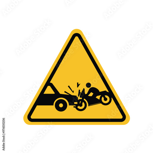 Warning sign of car accident hitting motorbike on yellow triangle board. Suitable for poster and web icon