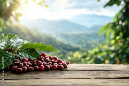 Wallpaper Mural coffee beans and coffee cherry on wooden desk with the mountain clouds and blue sky background. Torontodigital.ca