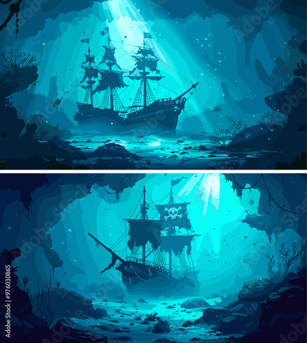 Submerged buccaneer vessel wreck cartoon vector illustrations. Sunbeam underwater dark tattered forsaken sail deteriorated timber privateer caravel galleon loot sea aquatic nautical ship ocean