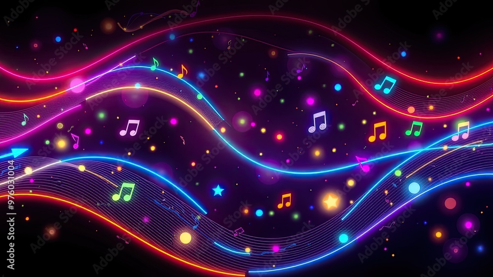 Fototapeta premium Abstract background with glowing lines, Music background, neon light music pattern wallpaper, glowing music pattern images, neon music notes wallpaper,