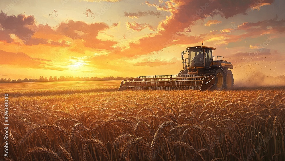 Fototapeta premium Combine harvester working at sunset in a vast wheat field under a colorful sky