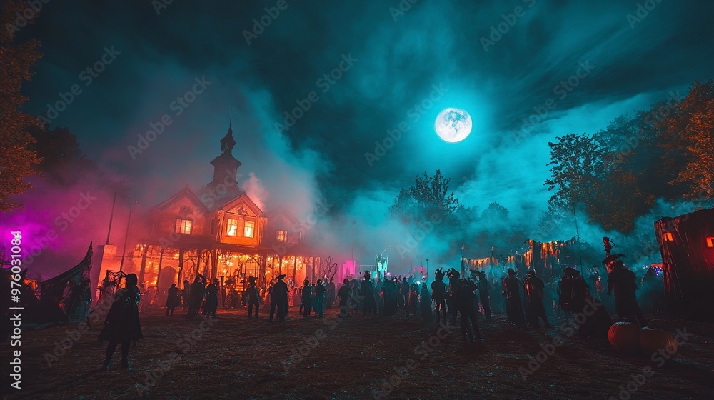 A spooky night scene with a crowd at a haunted house, illuminated by colorful lights and a full moon. A spooky night scene with a crowd at a haunted house, illuminated by colorful lights and a full moon.