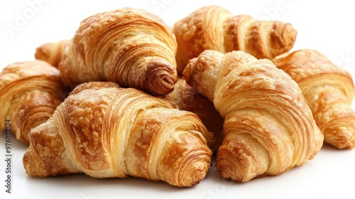 Closeup of a pile of fresh, golden croissants isolated on a white background.