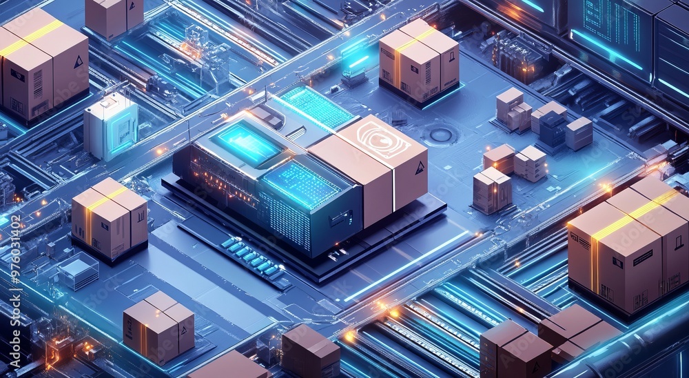 Digital illustration of an advanced technology hub with smart packaging and microchips Digital illustration of an advanced technology hub with smart packaging and microchips