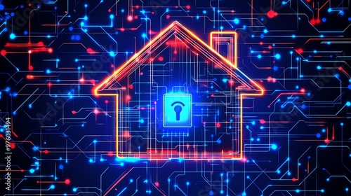 Futuristic smart home concept with neon house symbol and digital security lock on a blue and red circuit background. photo