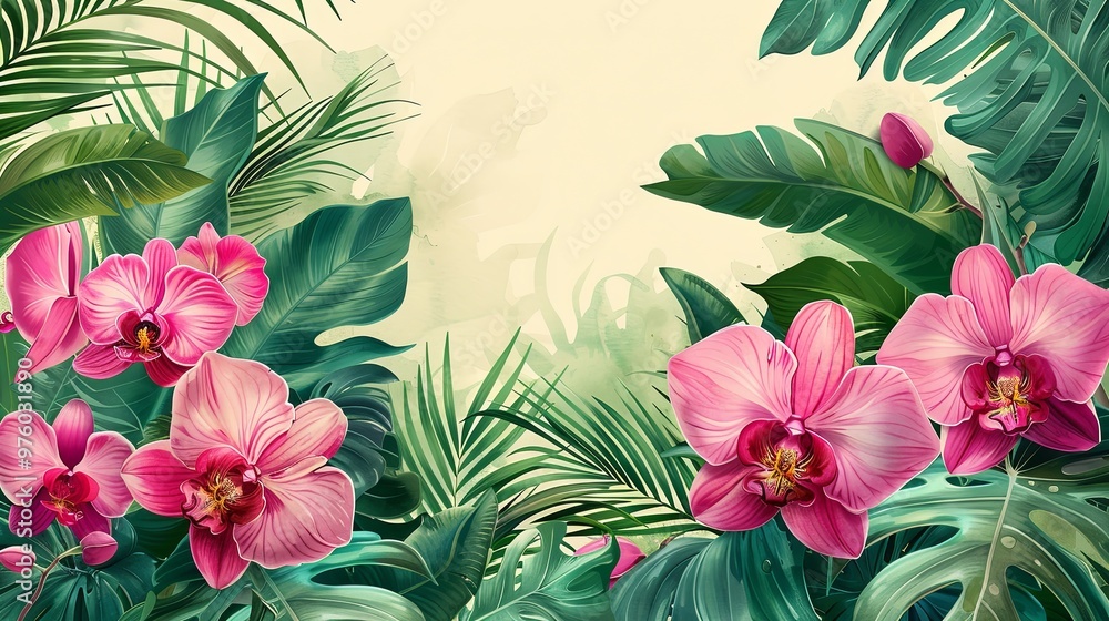 Tropical seamless pattern with palm leaves, banana flower and orchids. Wallpaper drawn in watercolor and pencil Tropical seamless pattern with palm leaves, banana flower and orchids. Wallpaper drawn in watercolor and pencil