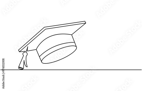 Continuous cap one line art drawing of graduation hat concept outline vector, Graduation Single Line Icon, one line drawing of graduation cap isolated on white background vector illustration