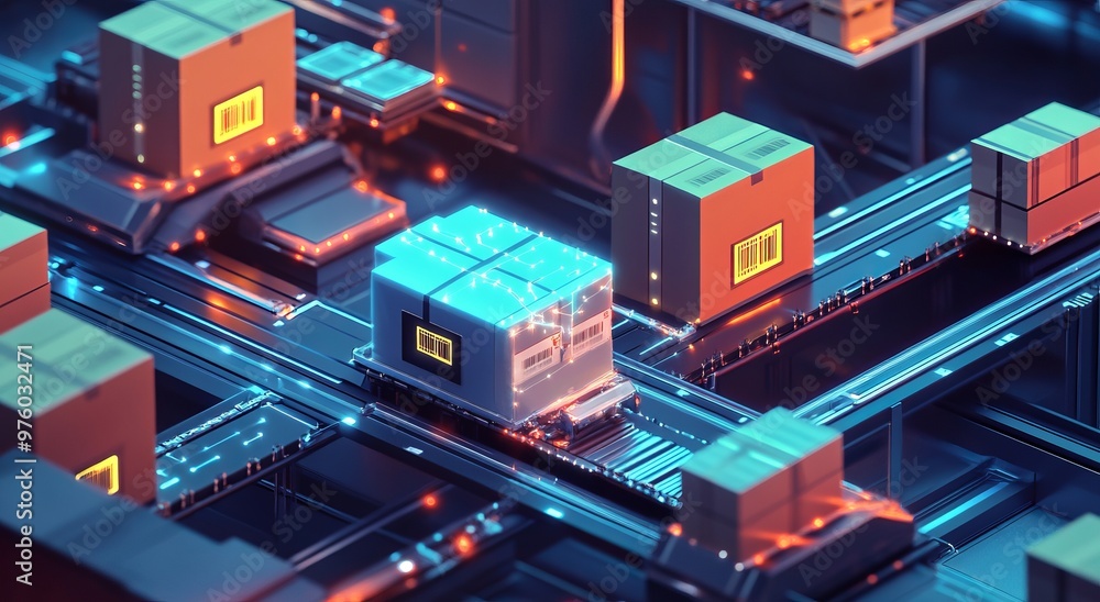Digital illustration of an advanced technology hub with smart packaging and microchips Digital illustration of an advanced technology hub with smart packaging and microchips