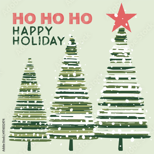 Happy Holiday HOHOHO greeting card, posters, template, Layout. Merry Christmas and Happy New Year  typography invite   Christmas tree greeting simple drawing flat design	