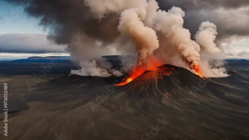 Captivating 4K aerial drone footage features Fagradalsfjall, a moderately active volcano erupting in Geldingadalir, Reykjanes, Iceland. The visuals depict cold lava bordered by smoke under an exceptio photo