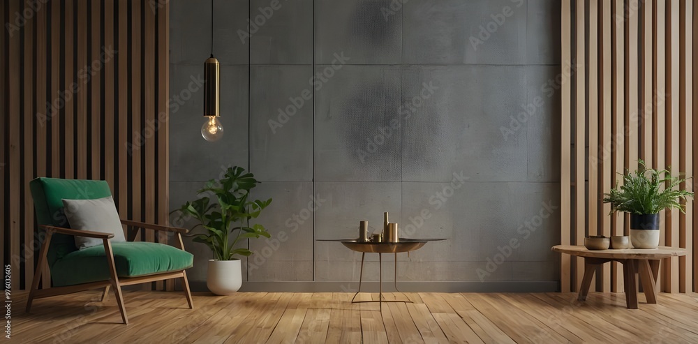 Modern living room with wooden floor and gray wall. On the left side of the picture, there is a wooden bench with a green armchair and a small wooden side table with a potted plant on it. Modern living room with wooden floor and gray wall. On the left side of the picture, there is a wooden bench with a green armchair and a small wooden side table with a potted plant on it.