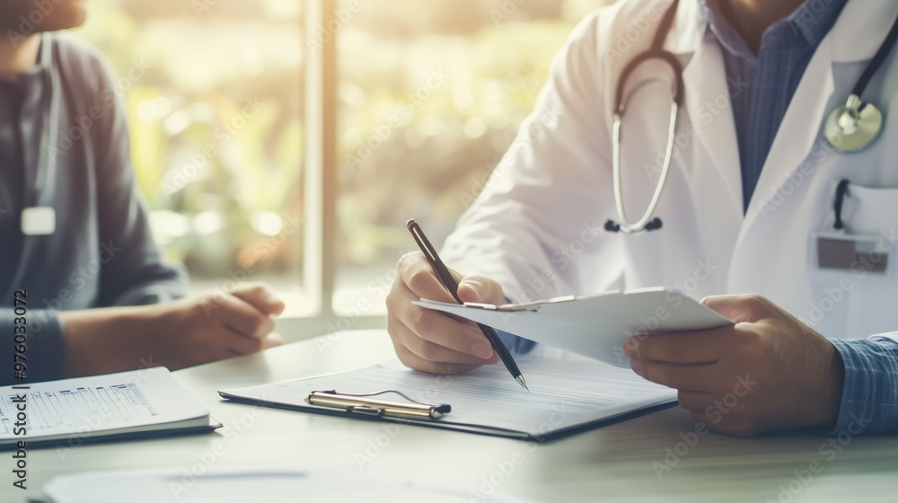 Doctor consulting patient with medical records in healthcare setting Doctor consulting patient with medical records in healthcare setting