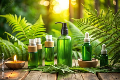 Serene Green Skincare Bottles on Rustic Wooden Table with Ferns and Dreamy Lighting