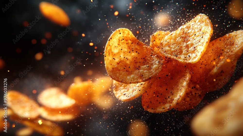 Floating potato chips with spices and seasoning in the air. Floating potato chips with spices and seasoning in the air.