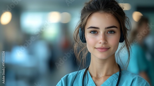 A medical professional using a headset, attentively listening to a patient during a telemedicine session, with a hospital environment in the background