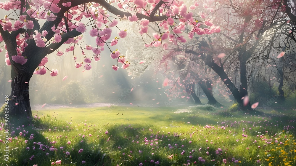 Fototapeta premium Spring landscape with blooming flowers and cherry blossoms