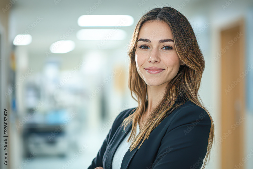 Confident Female Leader in Professional Suit Smiling at Hospital Office Confident Female Leader in Professional Suit Smiling at Hospital Office