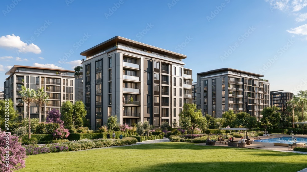 Modern apartment buildings with a swimming pool and lush green lawn in front of them. Modern apartment buildings with a swimming pool and lush green lawn in front of them.