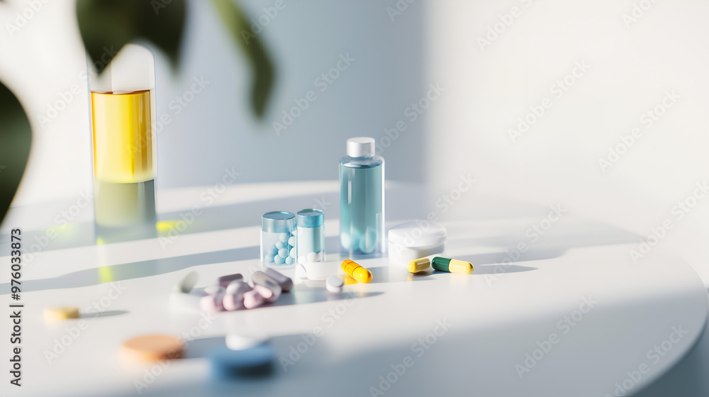 Medical pills on white background on the table in composition Medical pills on white background on the table in composition