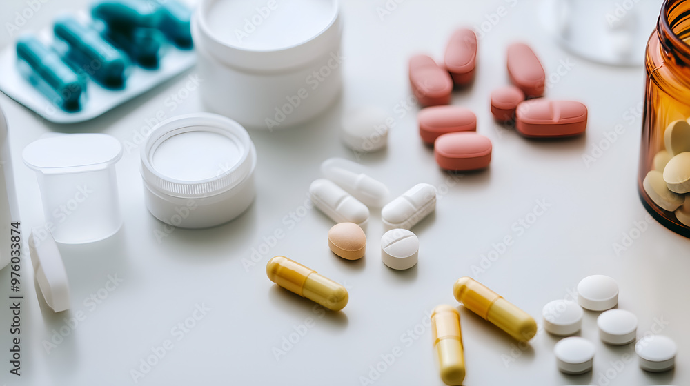 Medical pills on white background on the table in composition Medical pills on white background on the table in composition