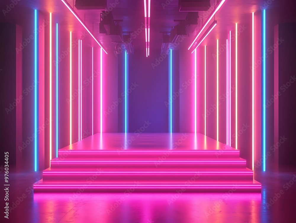 Vividly lit tunnel path with a gradient transition from neon pink to dark blue Vividly lit tunnel path with a gradient transition from neon pink to dark blue