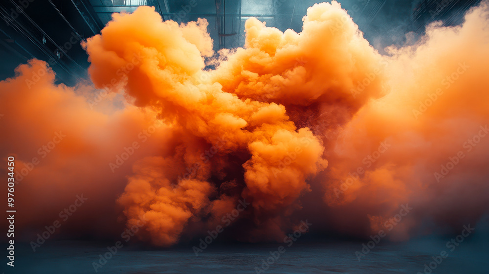 Fototapeta premium Dynamic Burst of Orange Smoke in Industrial Setting Emitting Dense Cloud for Dramatic Effects in Photography and Film