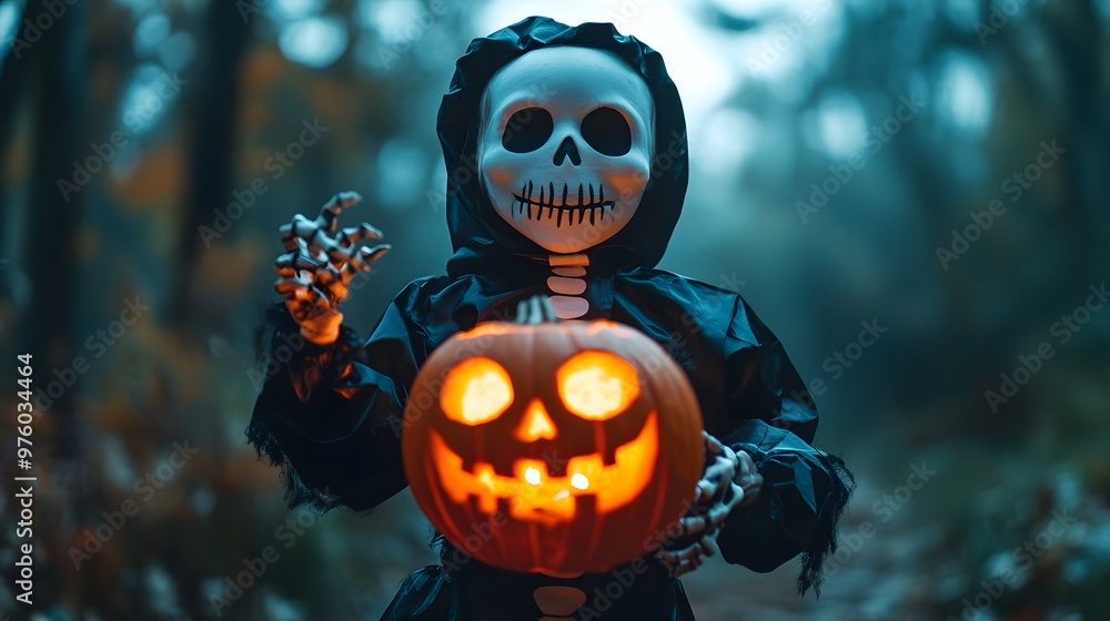 Naklejka premium A child in a skeleton costume holding glowing pumpkin