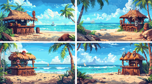 Tiki seaside pub animated vector illustrations. Timber shack palm trees sand sea side hat Indigenous masks nibbles beverages mixed drinks tropical summer shore coastline concepts