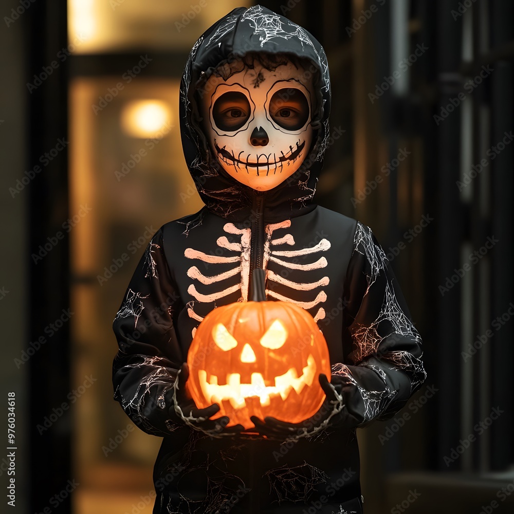 A child in a skeleton costume holding glowing pumpkin A child in a skeleton costume holding glowing pumpkin