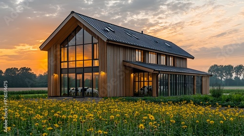 Cozy Sustainable Farm Barn with Wooden Facade at Sunset in Pastoral Countryside Setting