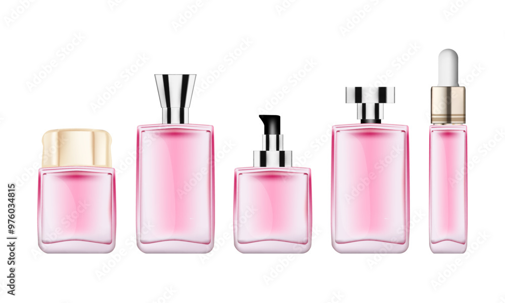 Set of luxury cosmetics skin care products, pink packaging realistic and space for isolated on white background. Vector illustration EPS 10. Set of luxury cosmetics skin care products, pink packaging realistic and space for isolated on white background. Vector illustration EPS 10.