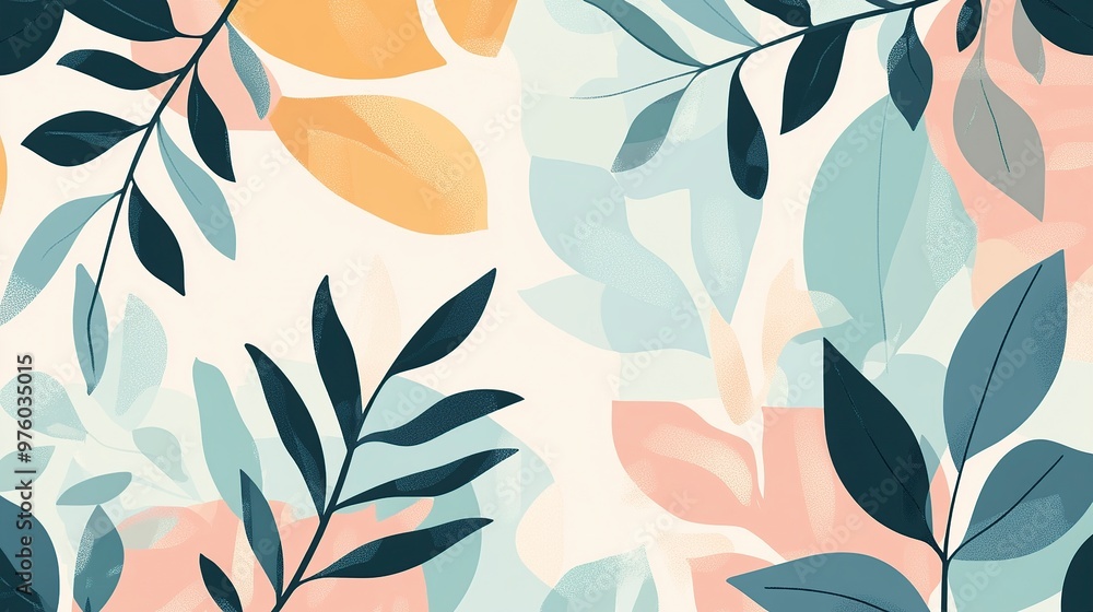 A vibrant pattern featuring various leaves and abstract shapes in soft colors. A vibrant pattern featuring various leaves and abstract shapes in soft colors.