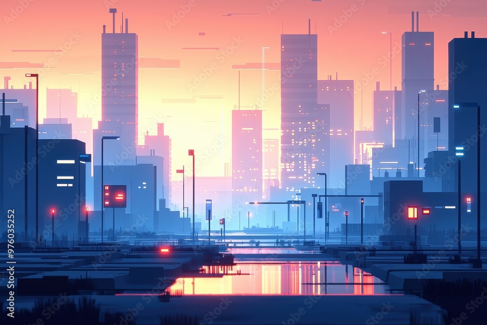 Obraz premium Futuristic urban cityscape in vibrant sunset colors